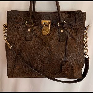 Michael Kors Medium Hamilton Satchel Handbag Brown Distressed Leather Snakeskin